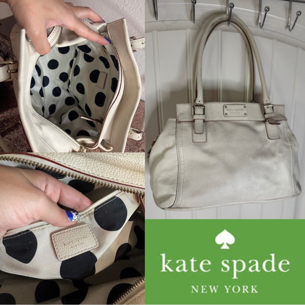 KATE SPADE 🤍 Creamy Leather White Shoulder Bag, Interior Polka Dots (Preloved)